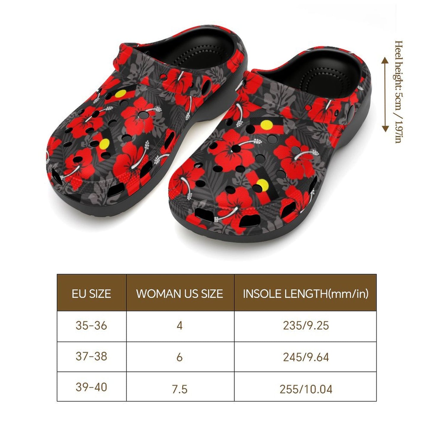 Hibiscus flowers with Aboriginal Flag on Women's High-heeled Clogs