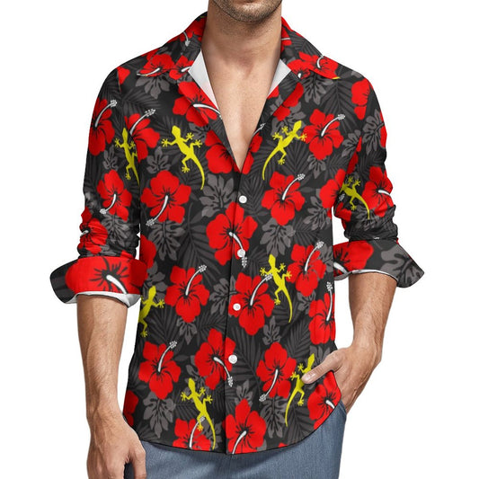 Royal Red Hibiscus flowers with Gecko on Men's Long Sleeve Shirt