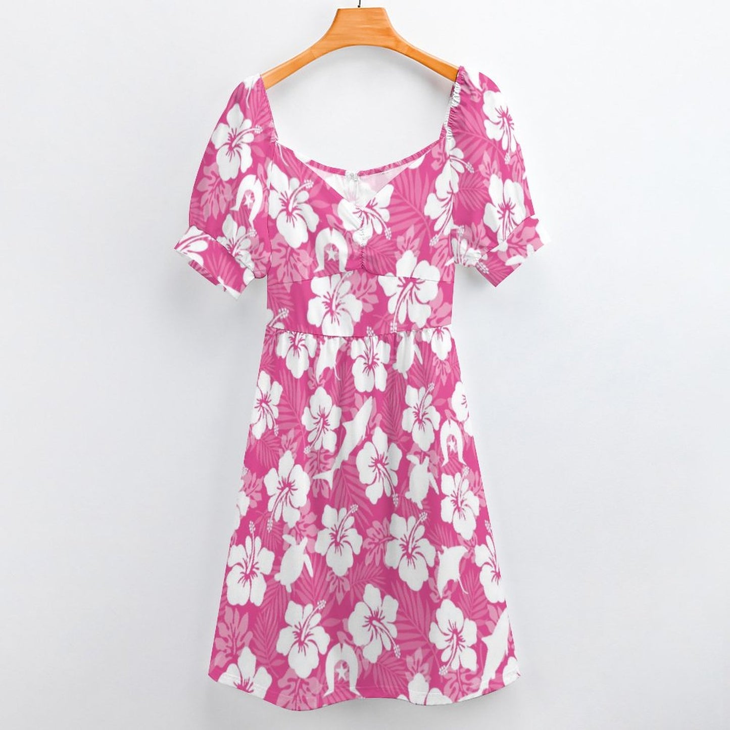 White hibiscus flowers with Dhari, Shark, turtle, and stingray (Pink) on Short Sleeve V Neck Lovely Dress