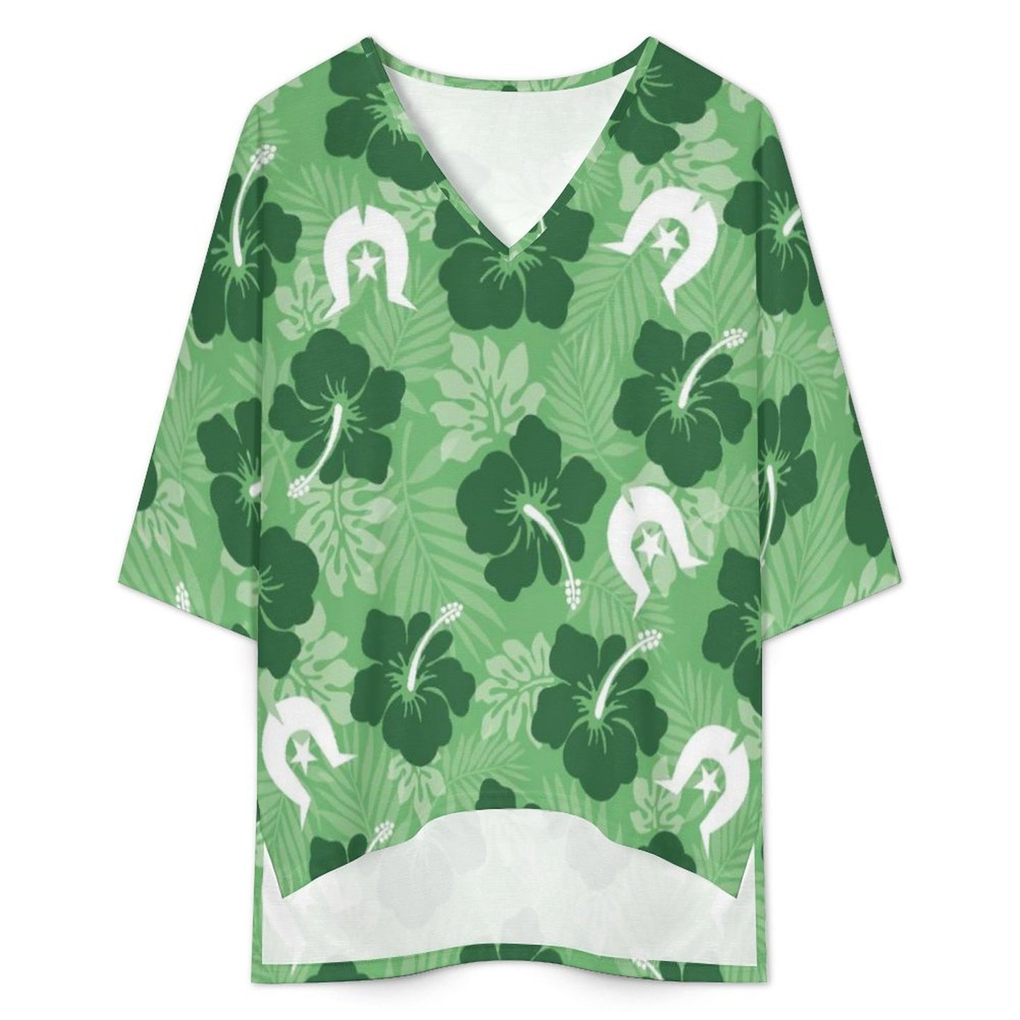 Hibiscus flowers with Dhari (Sea Grass Green) on Mediterranean Style V-Neck Suit