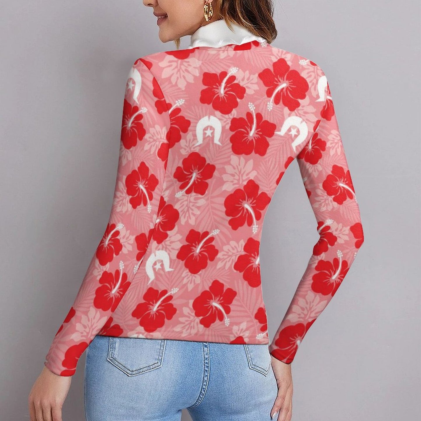 Hibiscus flowers with Dhari (Royal Pink) on Women Long Sleeve Turtleneck Sweater
