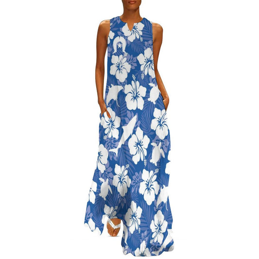 White hibiscus flowers with Dhari, Shark, turtle, and stingray on Sleeveless Ankle-length Dress