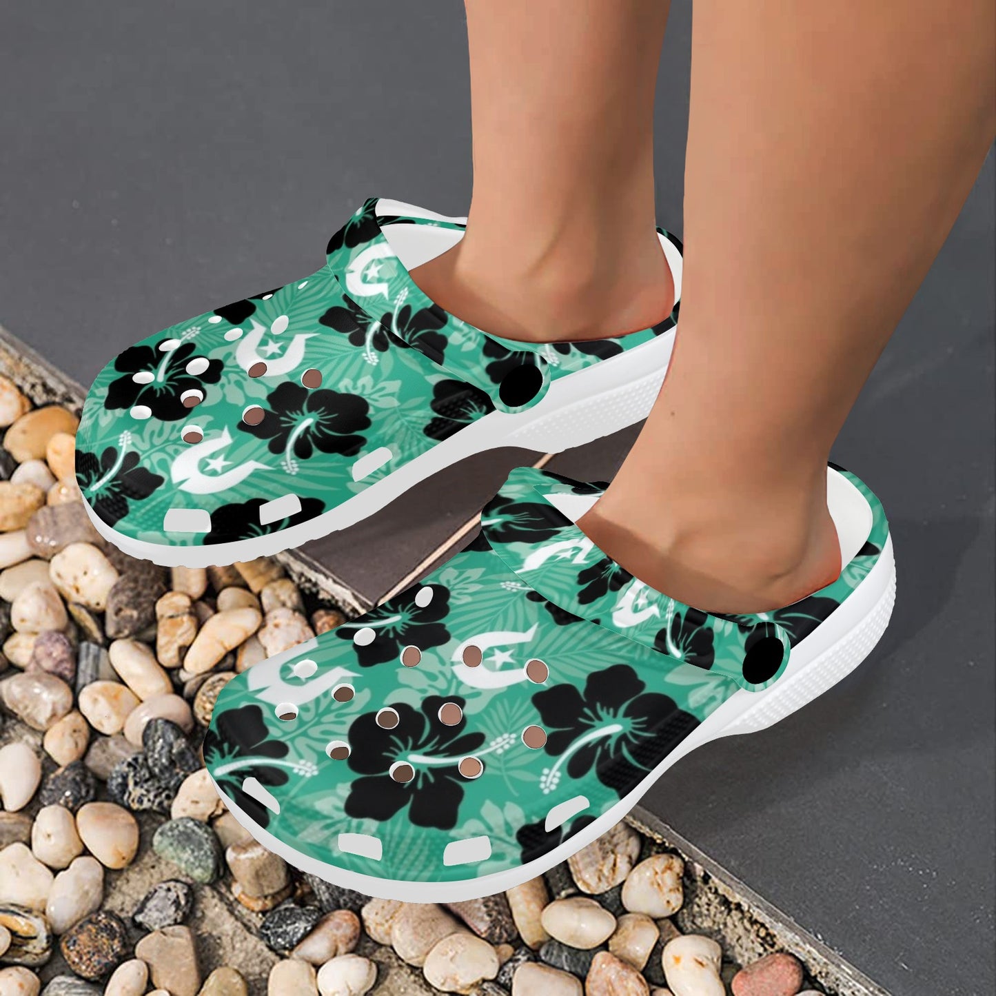 Black Hibiscus with White Dhari on Adults Clogs