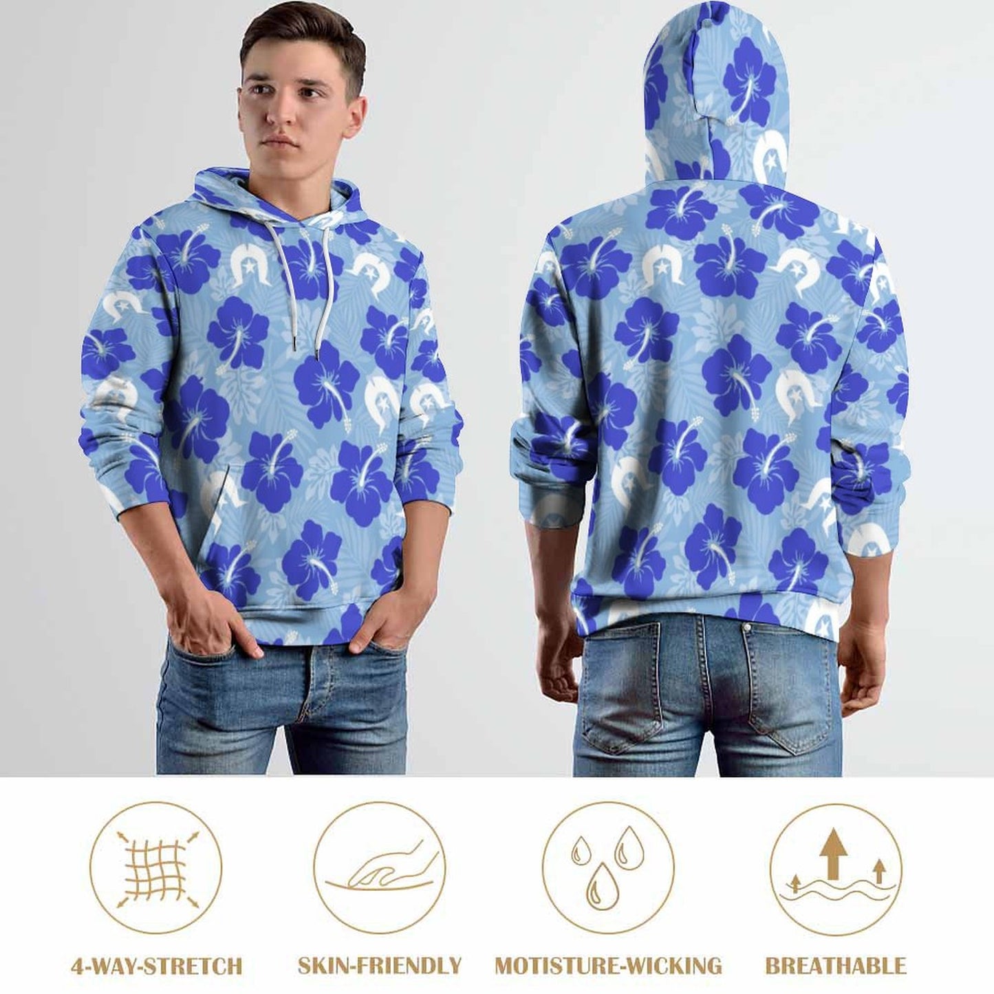 Hibiscus flowers with White Dhari (Sky blue) on Men's Cool Hoodie with Double-layer Cap