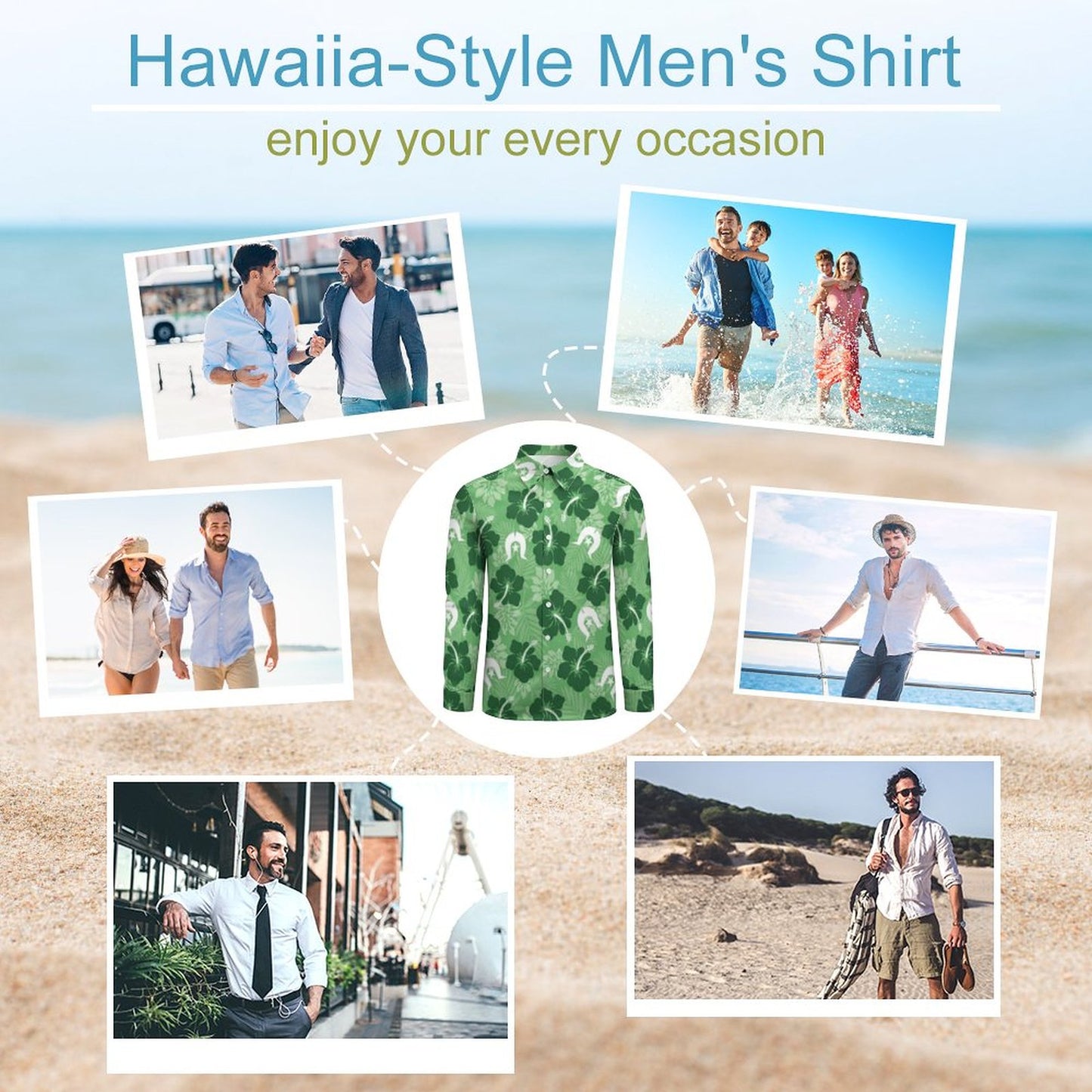 Hibiscus flowers with Dhari (Sea Grass Green) on Men's Long Sleeve Shirt
