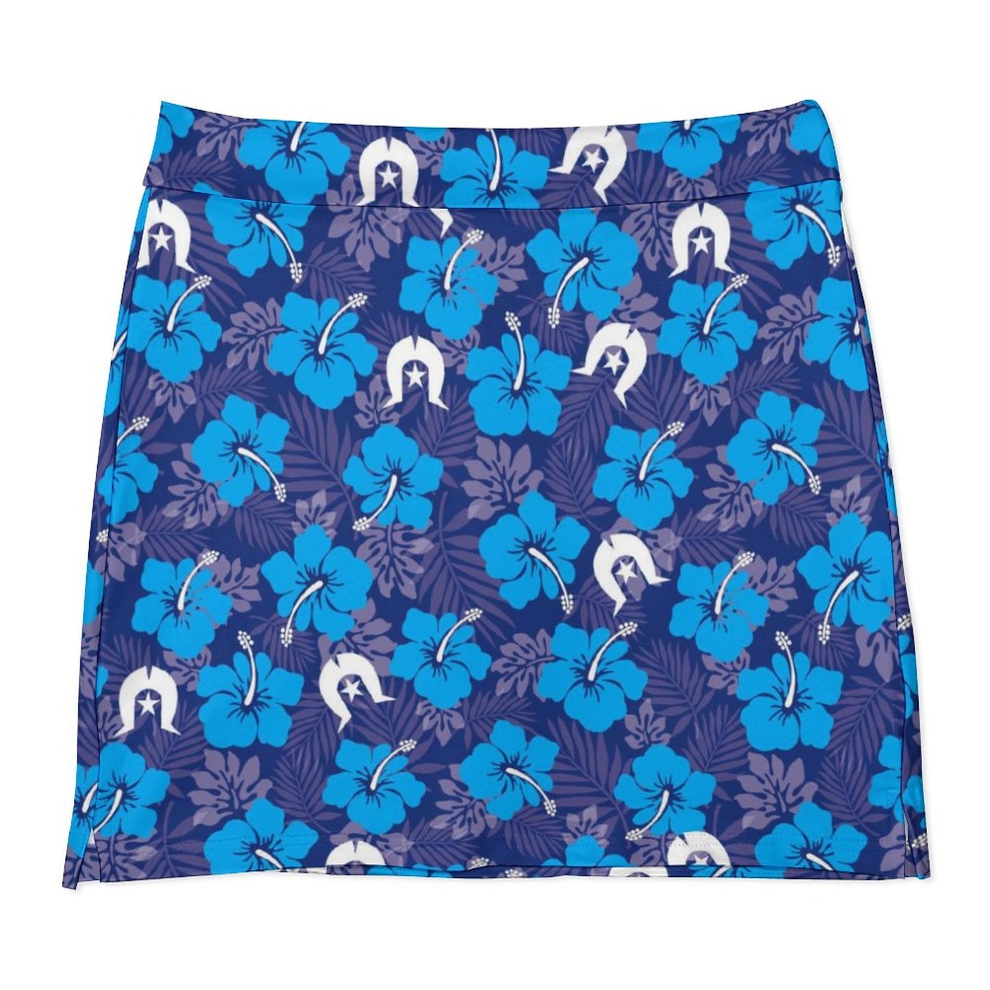 Hibiscus flowers with White Dhari (Royal blue)  on Anti-peep Skort with Pocket AMQ