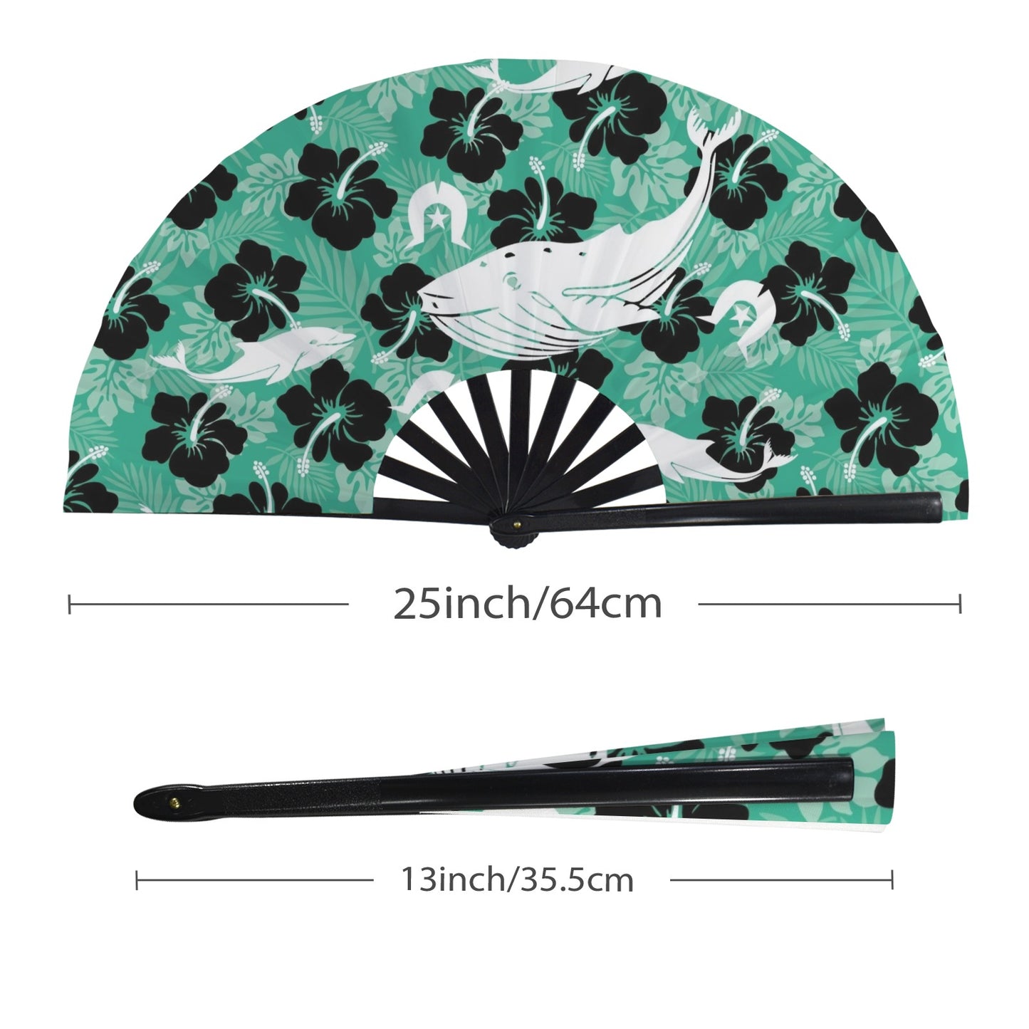 Black Hibiscus with Whale, Dolphin and Dhari on Folding Clack Fan