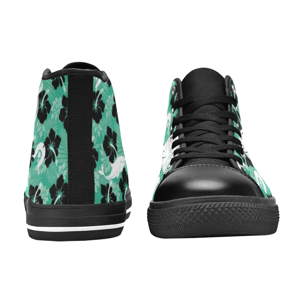 Black Hibiscus with Whale, Dolphin and Dhari on Women's High Top Canvas Shoes