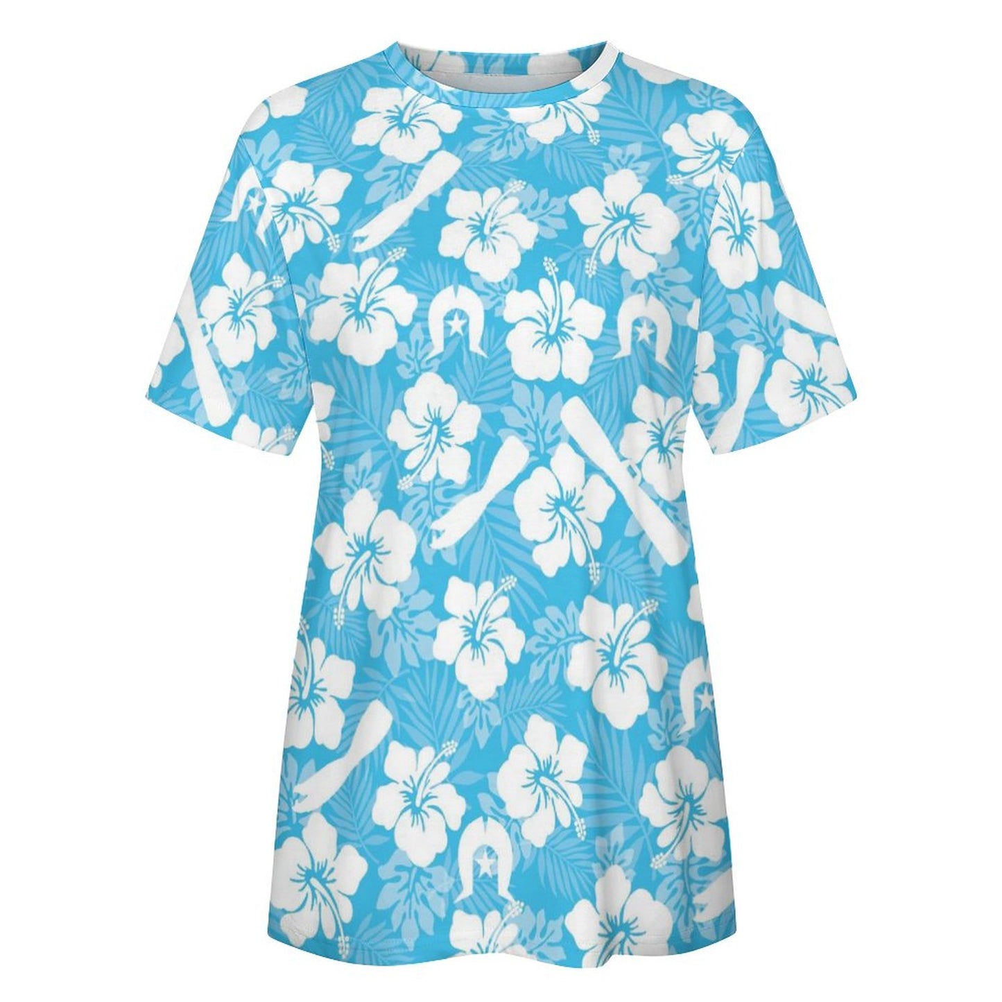 White Hibiscus flowers, Warup and Dhari on Cotton Summer Short Sleeve T-Shirts for Women