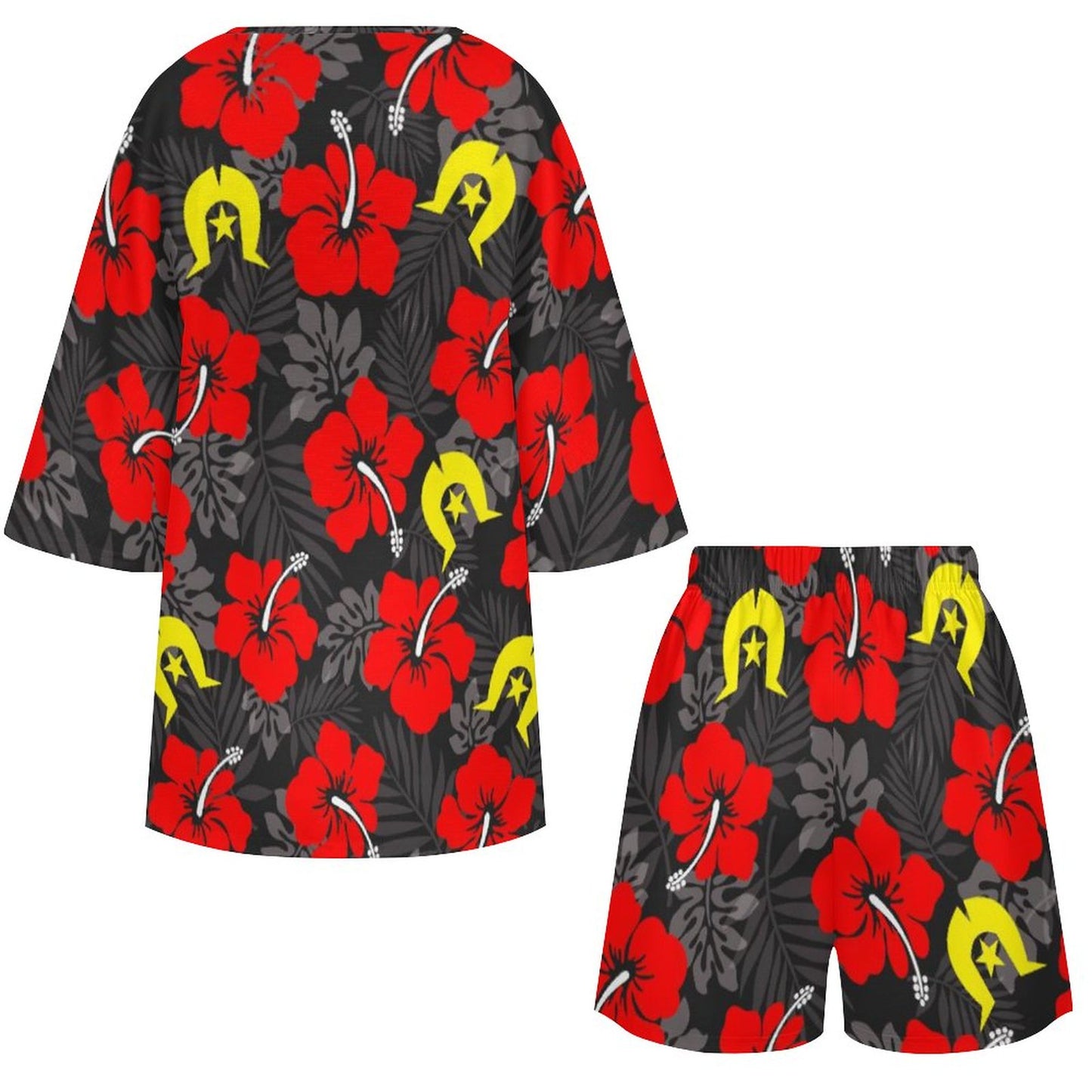 Royal Red Hibiscus with Yellow Dhari on Mediterranean Style V-Neck Suit