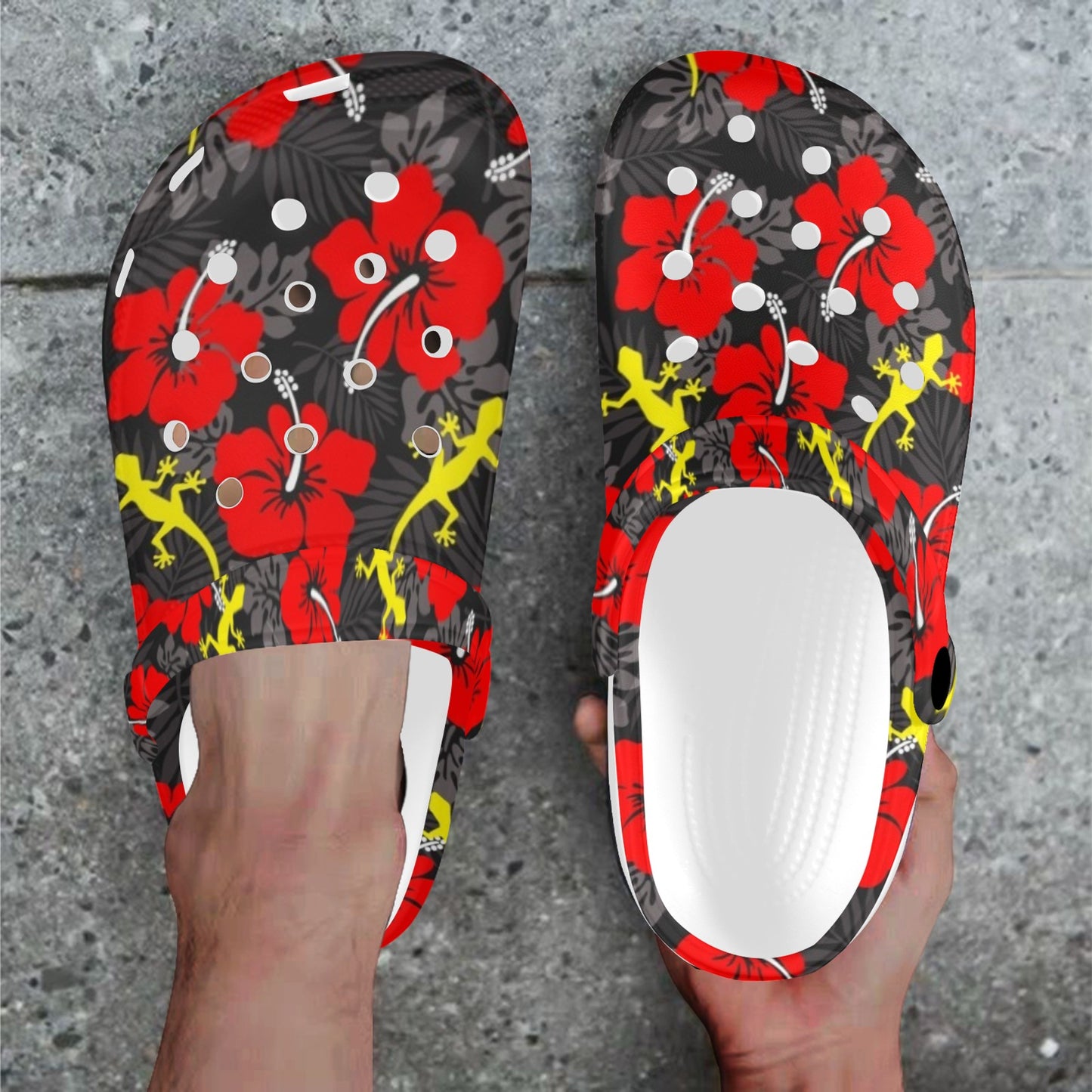 Royal Red Hibiscus flowers with Gecko on Adults Clogs