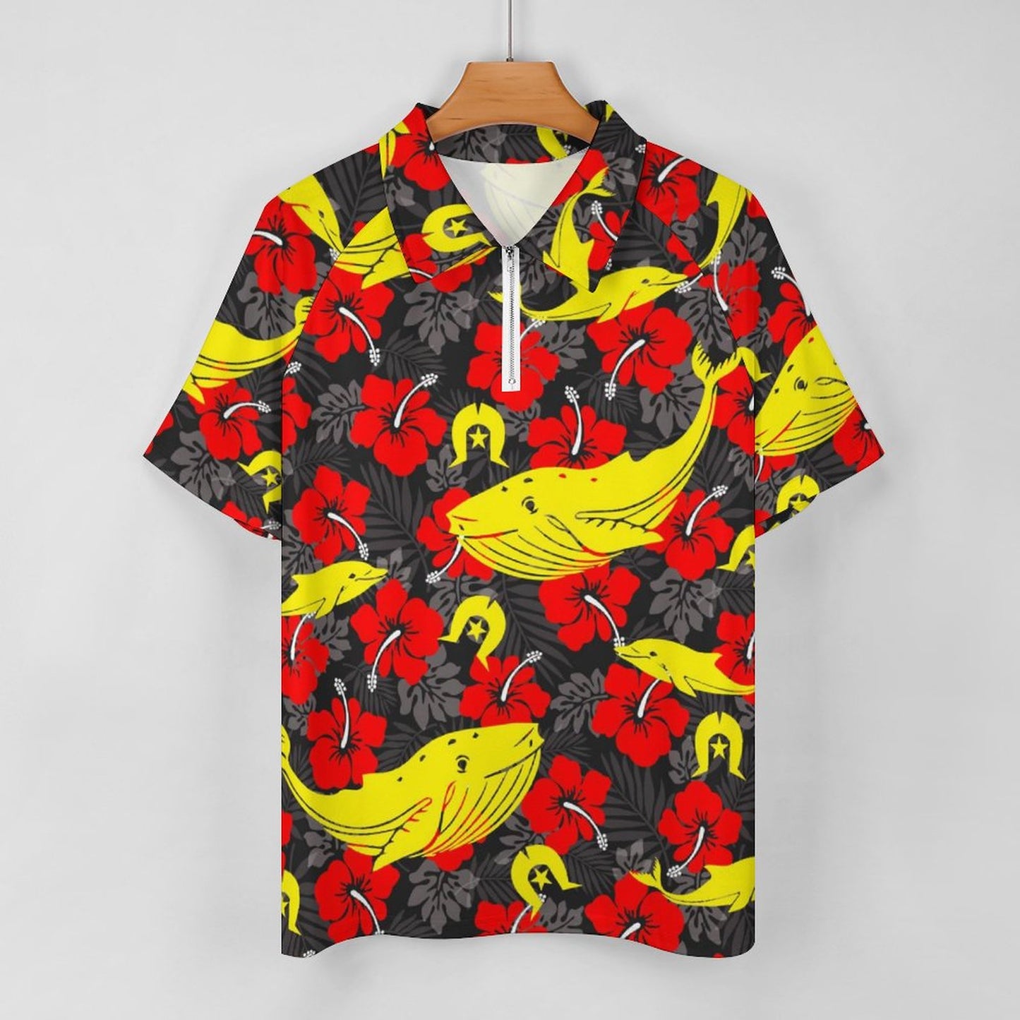 Royal Red Hibiscus with Yellow Dhari, Whale and Dolphin on Short Sleeved Sportswear Men's T Shirt