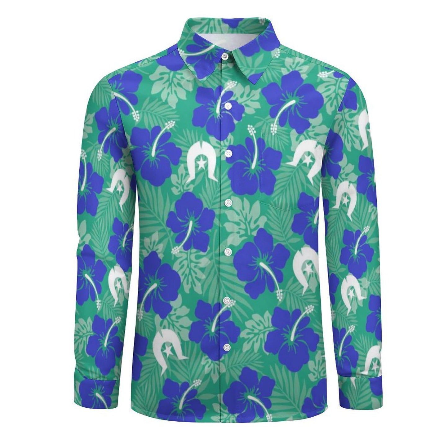 Royal Blue Hibiscus flowers with Dhari on Men's Long Sleeve Shirt