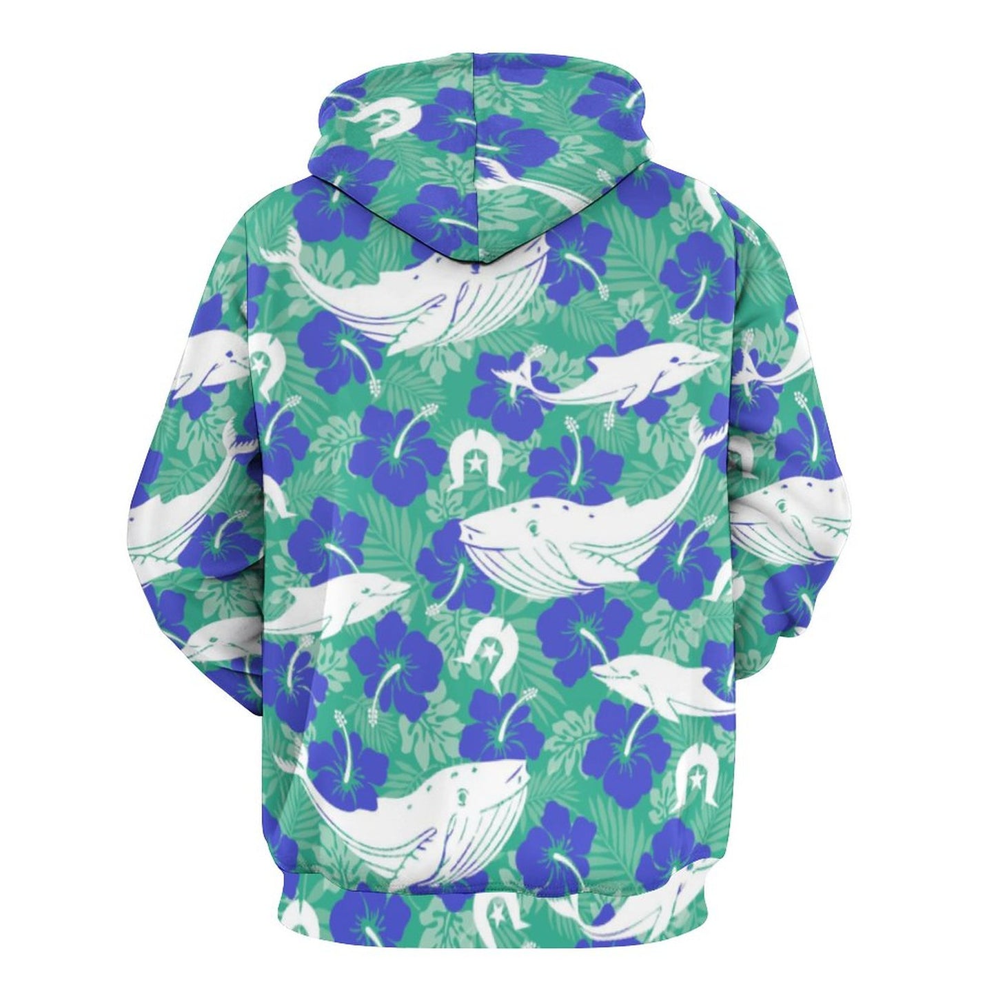 Royal Blue Hibiscus flowers with Whale, Dolphin and Dhari on Men's Cool Hoodie with Double-layer Cap