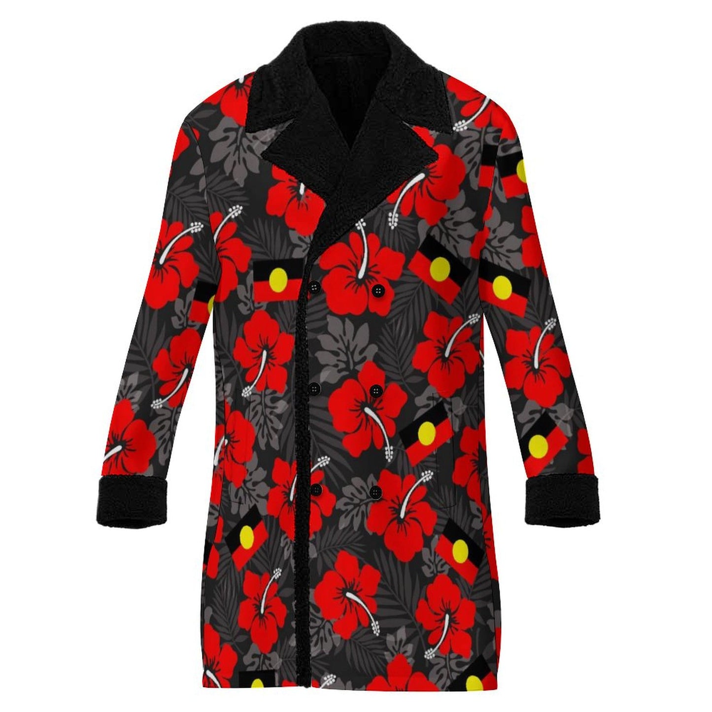 Royal Red Hibiscus and Aboriginal flag on Men's Double Breasted Coat