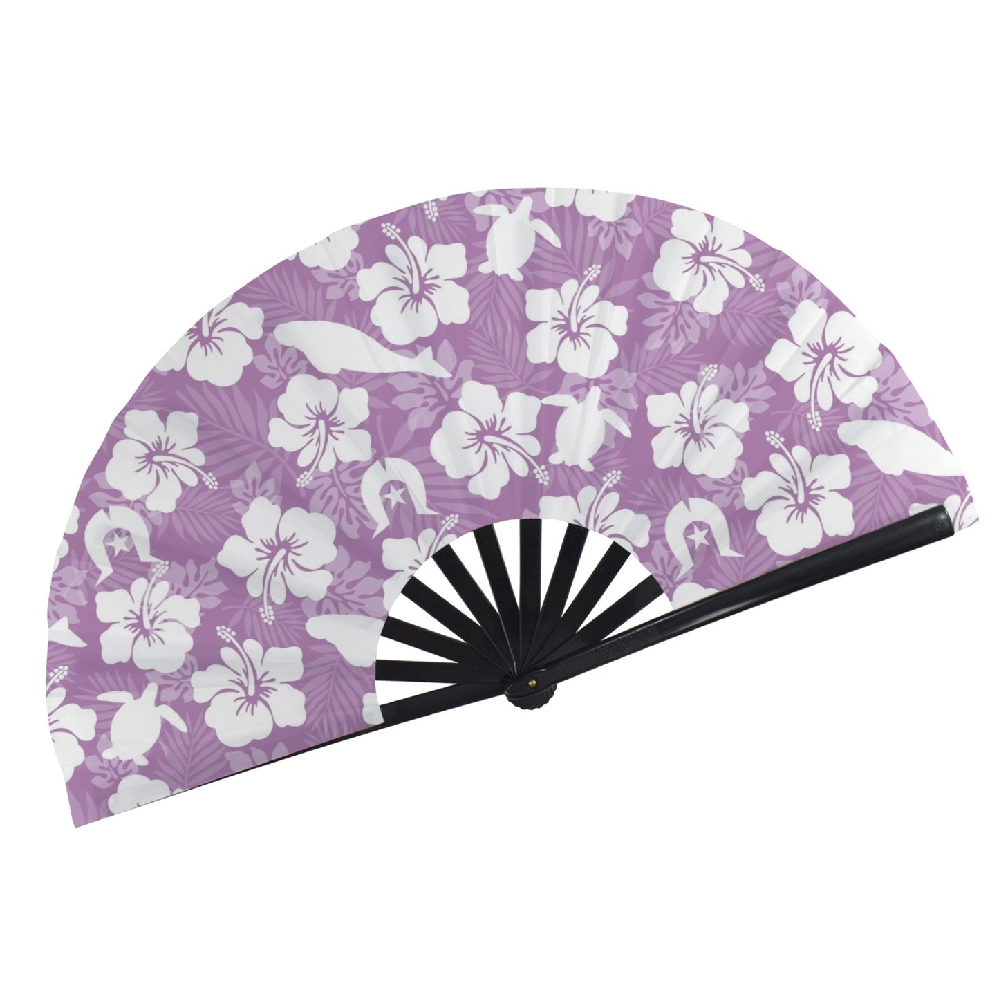 White Hibiscus flowers with Dugong, Turtle and Dhari on Folding Clack Fan