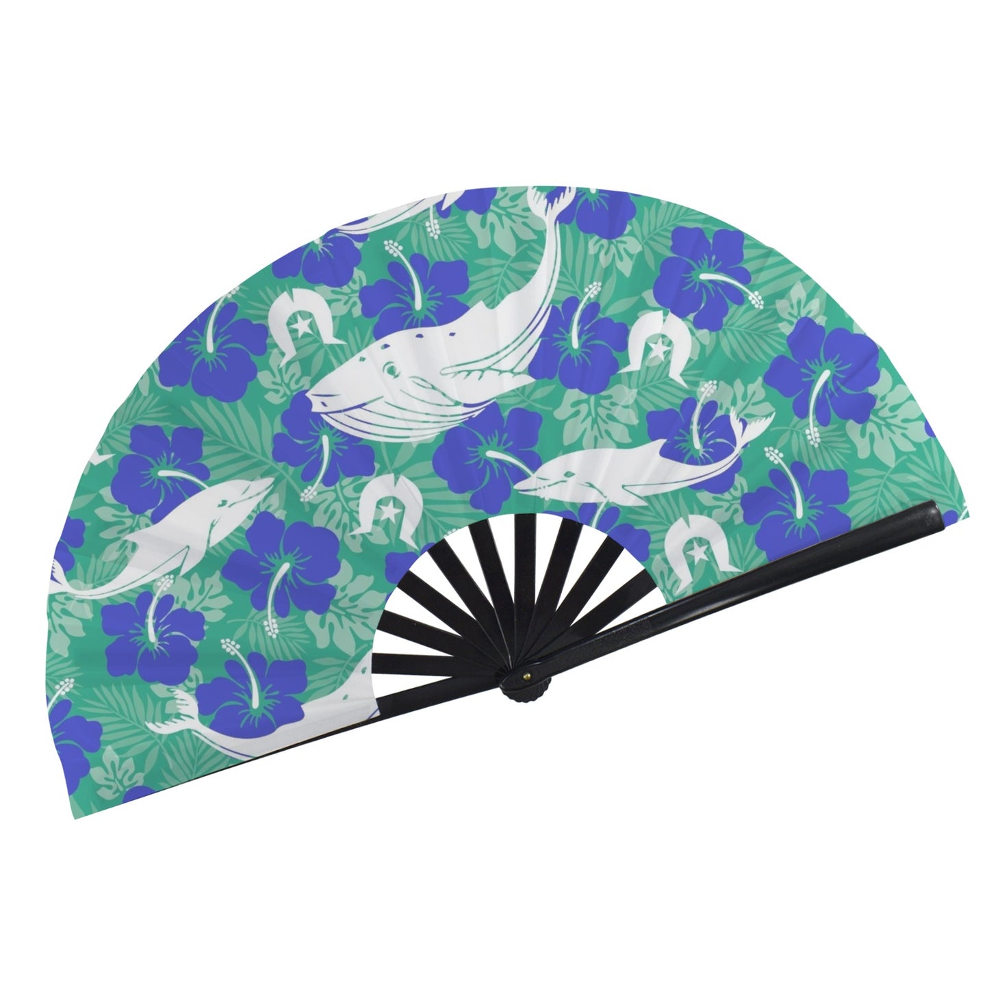 Royal Blue Hibiscus flowers with Whale, Dolphin and Dhari on Folding Clack Fan