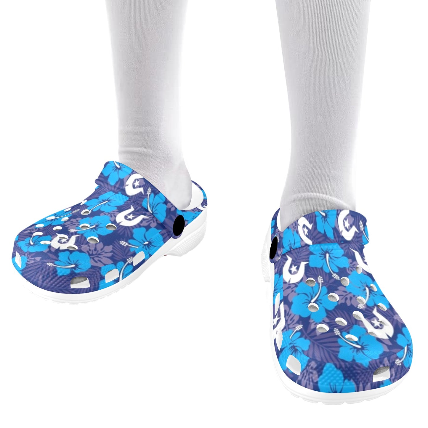 Hibiscus flowers with White Dhari (Royal blue) on Kids Clogs