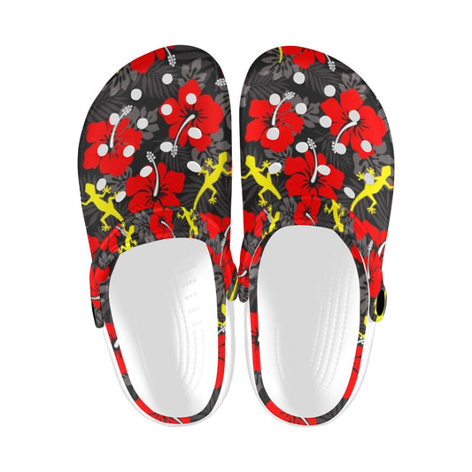Royal Red Hibiscus flowers with Gecko on Adults Clogs