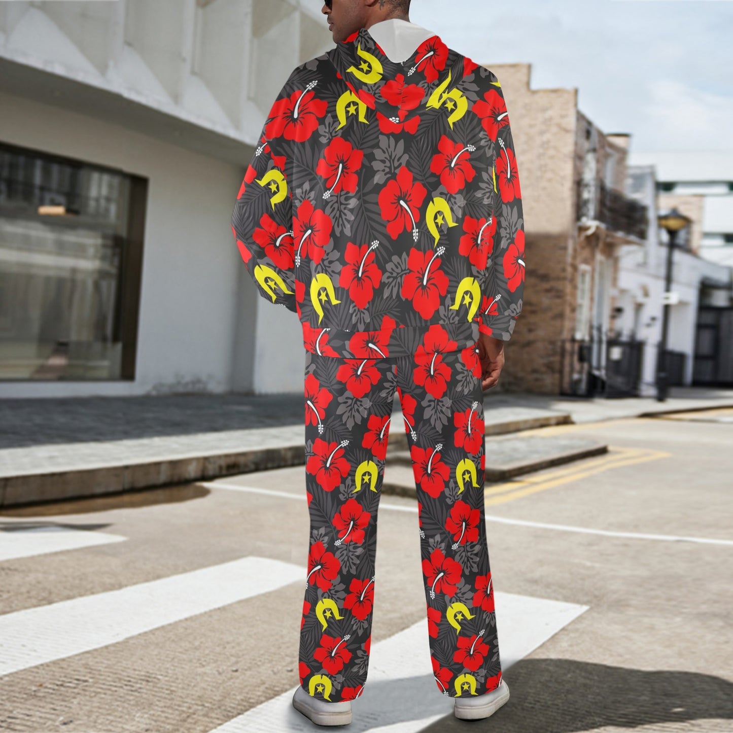Royal Red Hibiscus with Yellow Dhari on Men's Streetwear Oversized Flared Tracksuit