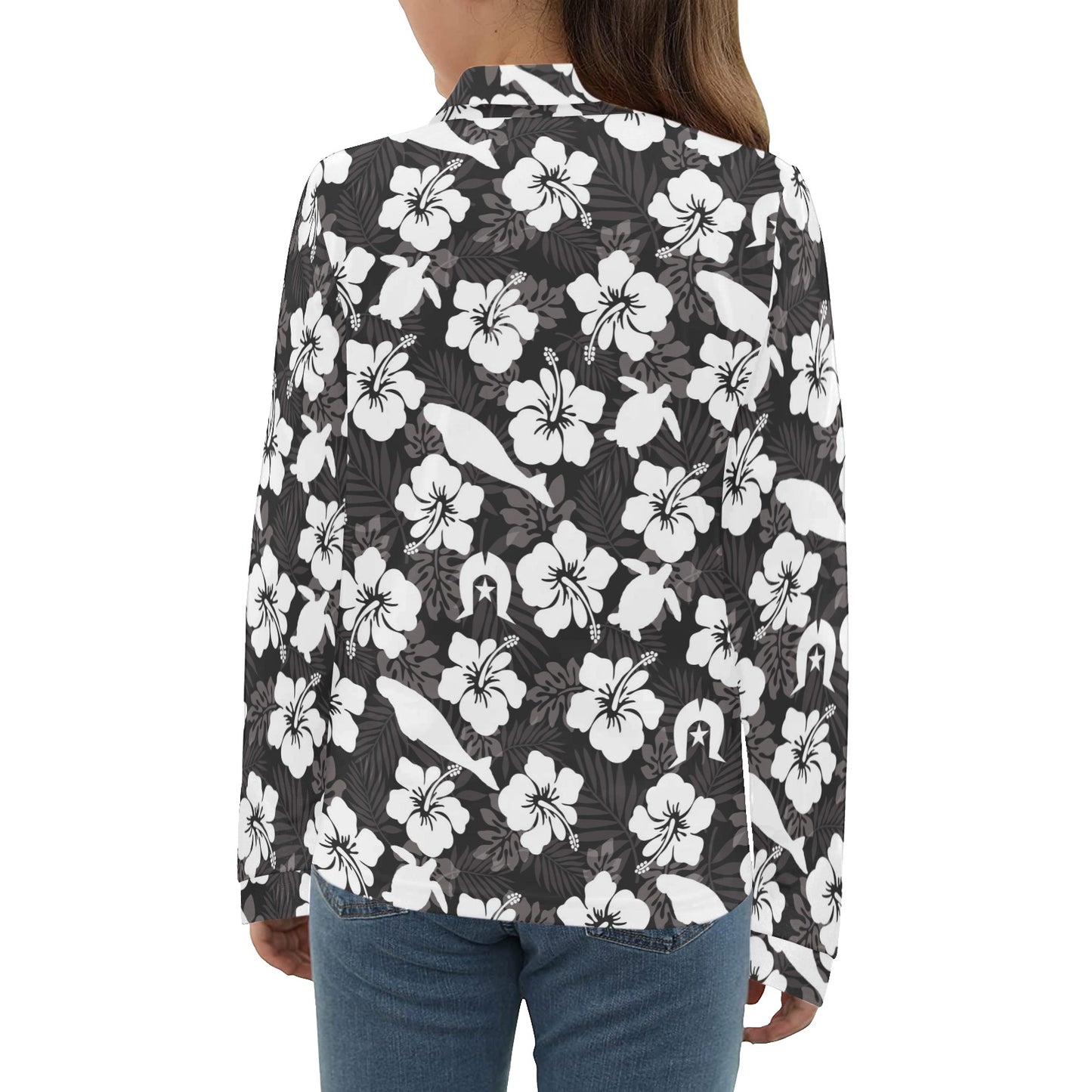 White Hibiscus with Dugong, Turtle and Dhari on Big Girls' Long Sleeve Polo Shirt