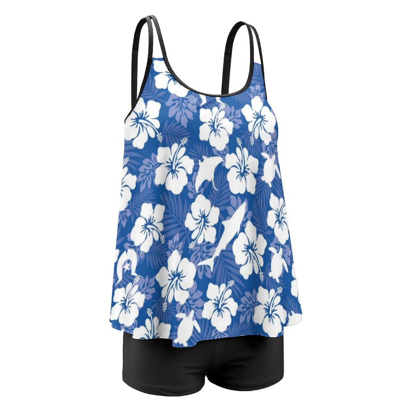 White hibiscus flowers with Dhari, Shark, turtle, and stingray on Tankini Two Piece Swimsuits