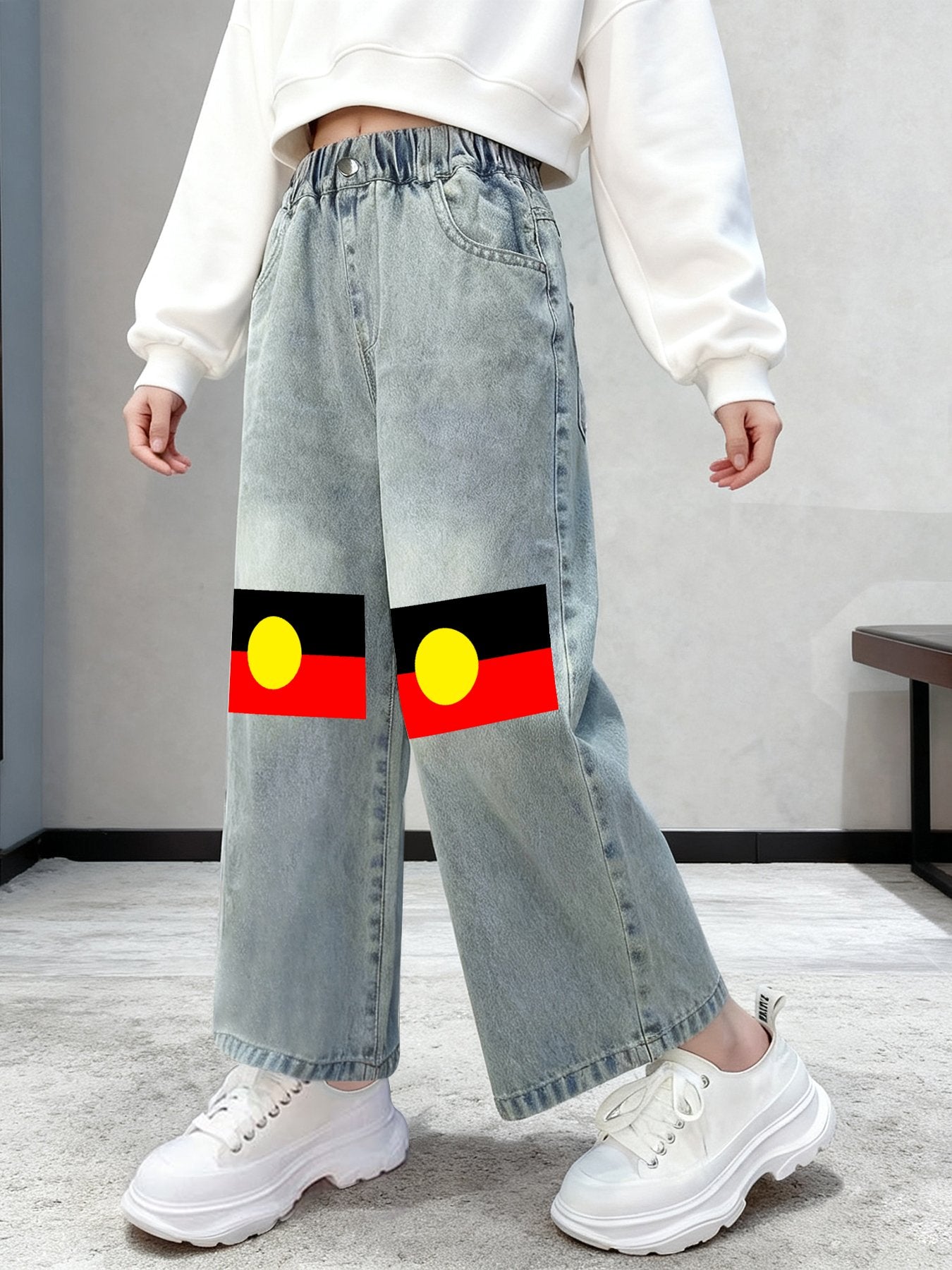 Aboriginal flag on Children's Cropped Jeans