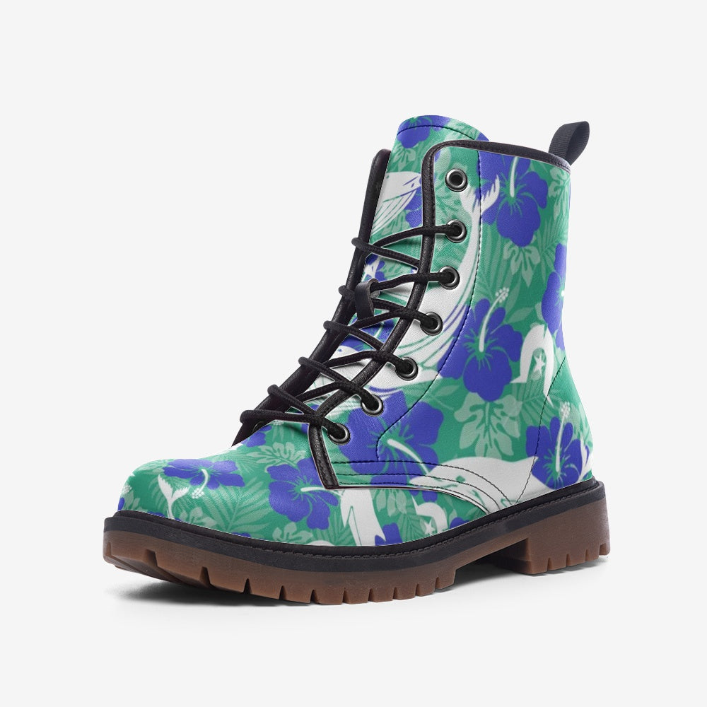 Royal Blue Hibiscus flowers with Whale, Dolphin and Dhari on Casual Leather Lightweight boots MT