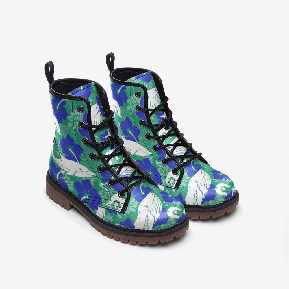 Royal Blue Hibiscus flowers with Whale, Dolphin and Dhari on Casual Leather Lightweight boots MT