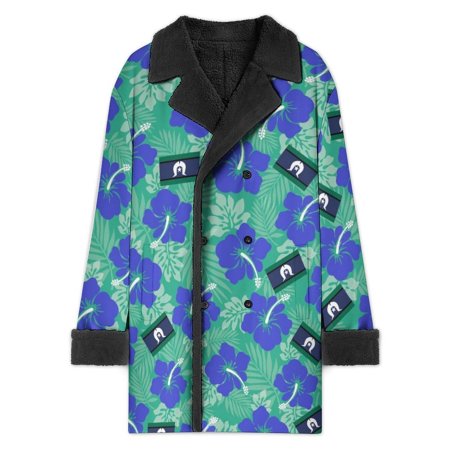 Hibiscus flowers with Torres Strait Flag on Men's Double Breasted Coat