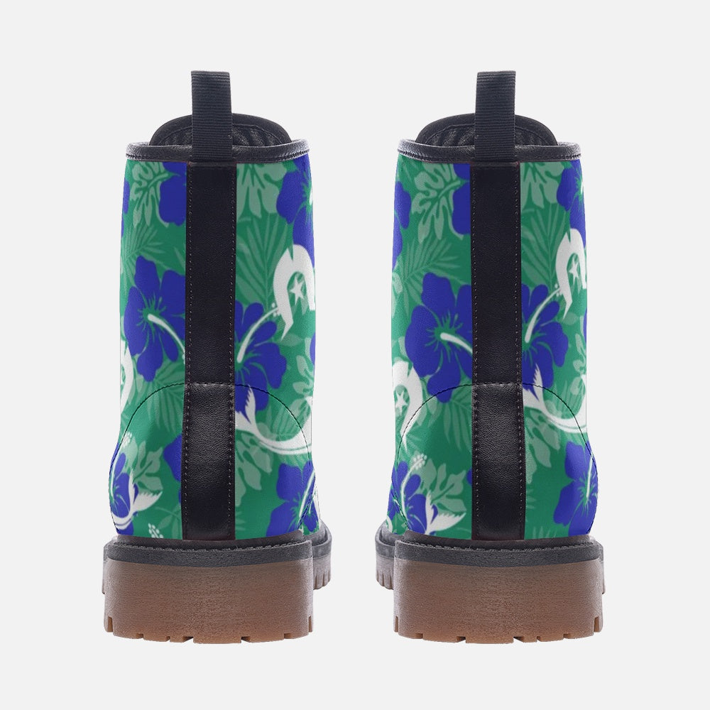 Royal Blue Hibiscus flowers with Whale, Dolphin and Dhari on Casual Leather Lightweight boots MT