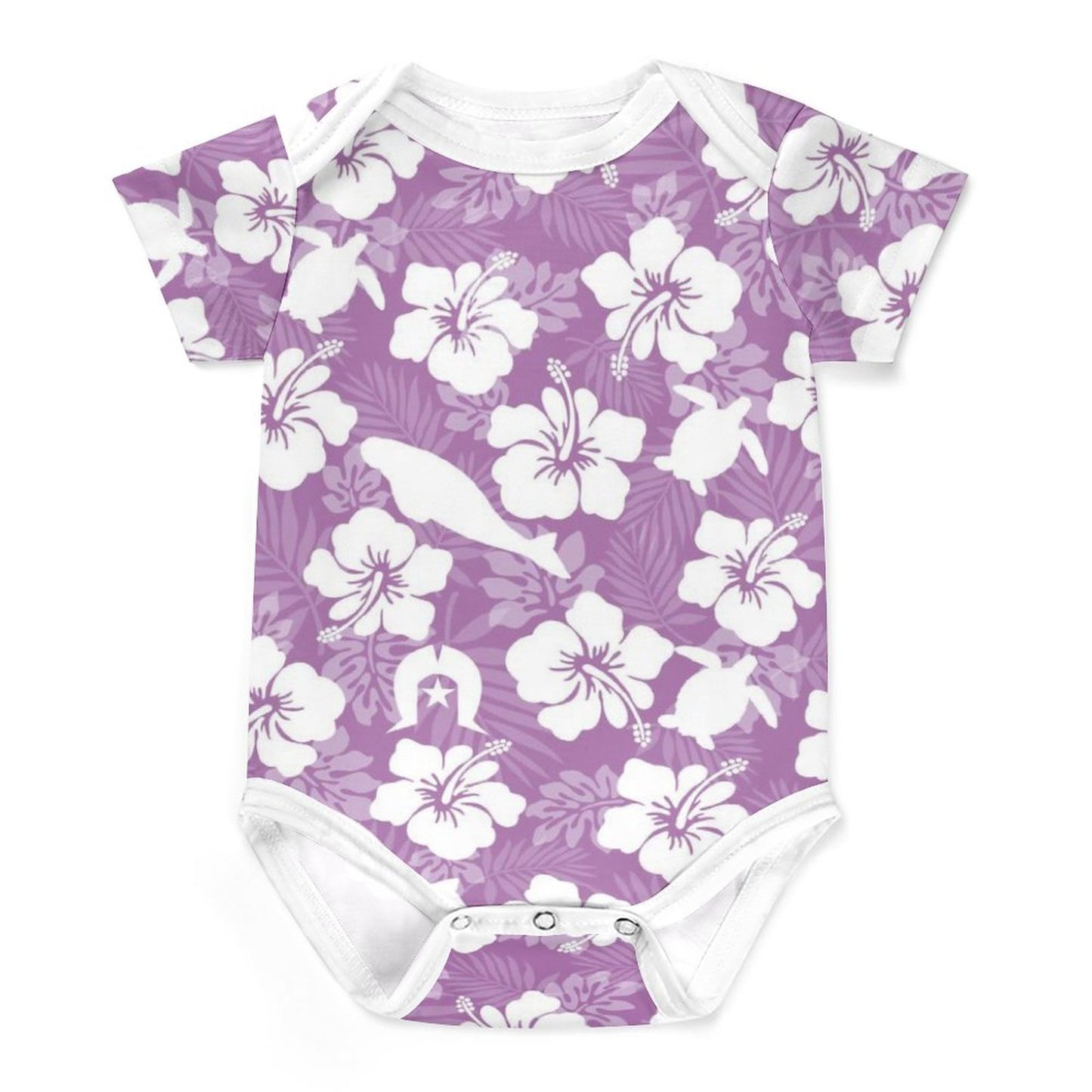 White Hibiscus flowers with Dugong, Turtle and Dhari on Faux Cotton Short Sleeve Baby Romper