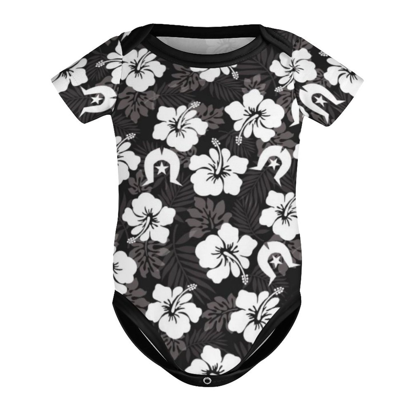 White Hibiscus and Dhari (Black) on Faux Cotton Short Sleeve Baby Romper