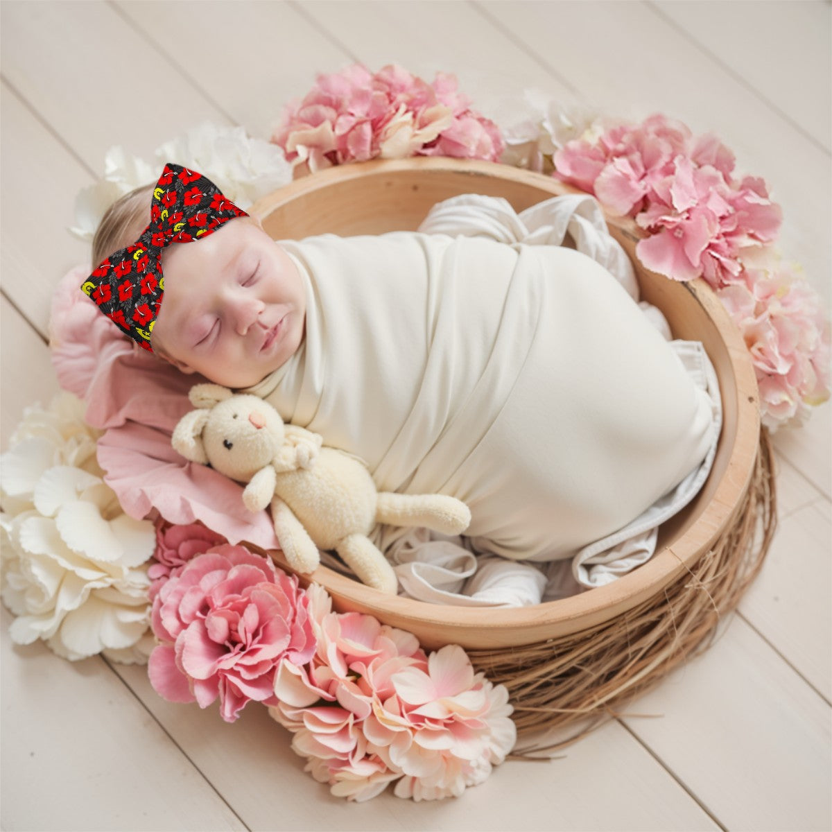 Royal Red Hibiscus with Yellow Dhari on Bowknot Baby Headbands