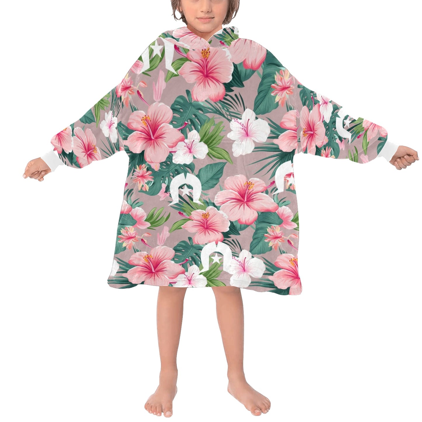 Pink Hibiscus flowers with White Dhari on Blanket Hoodie for Kids