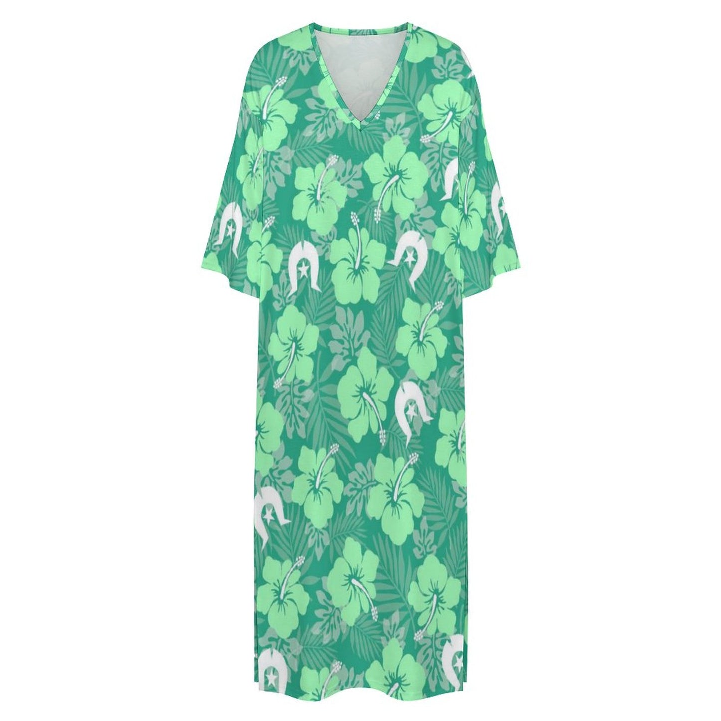 Hibiscus flowers with Dhari (Royal mint) on Mediterranean Style V Neck Mid-Sleeve Robe