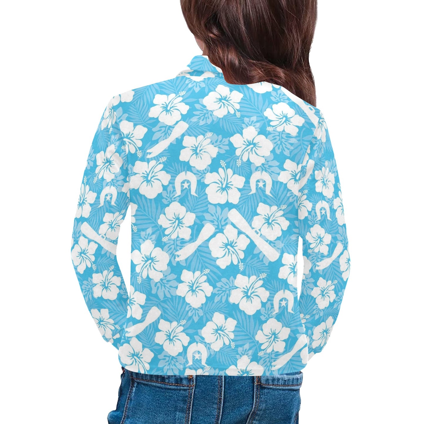 White Hibiscus flowers, Warup and Dhari on Little Girls' Long Sleeve Polo Shirt