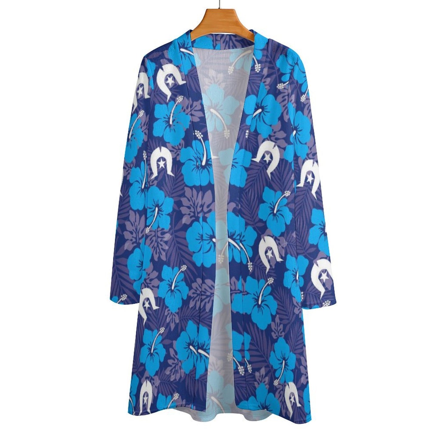 Hibiscus flowers with White Dhari (Royal blue) on Women's Mid-length Cardigan