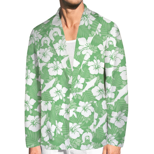 White hibiscus flowers with Dhari, Shark, turtle, and stingray (Green) on Men's Blazer