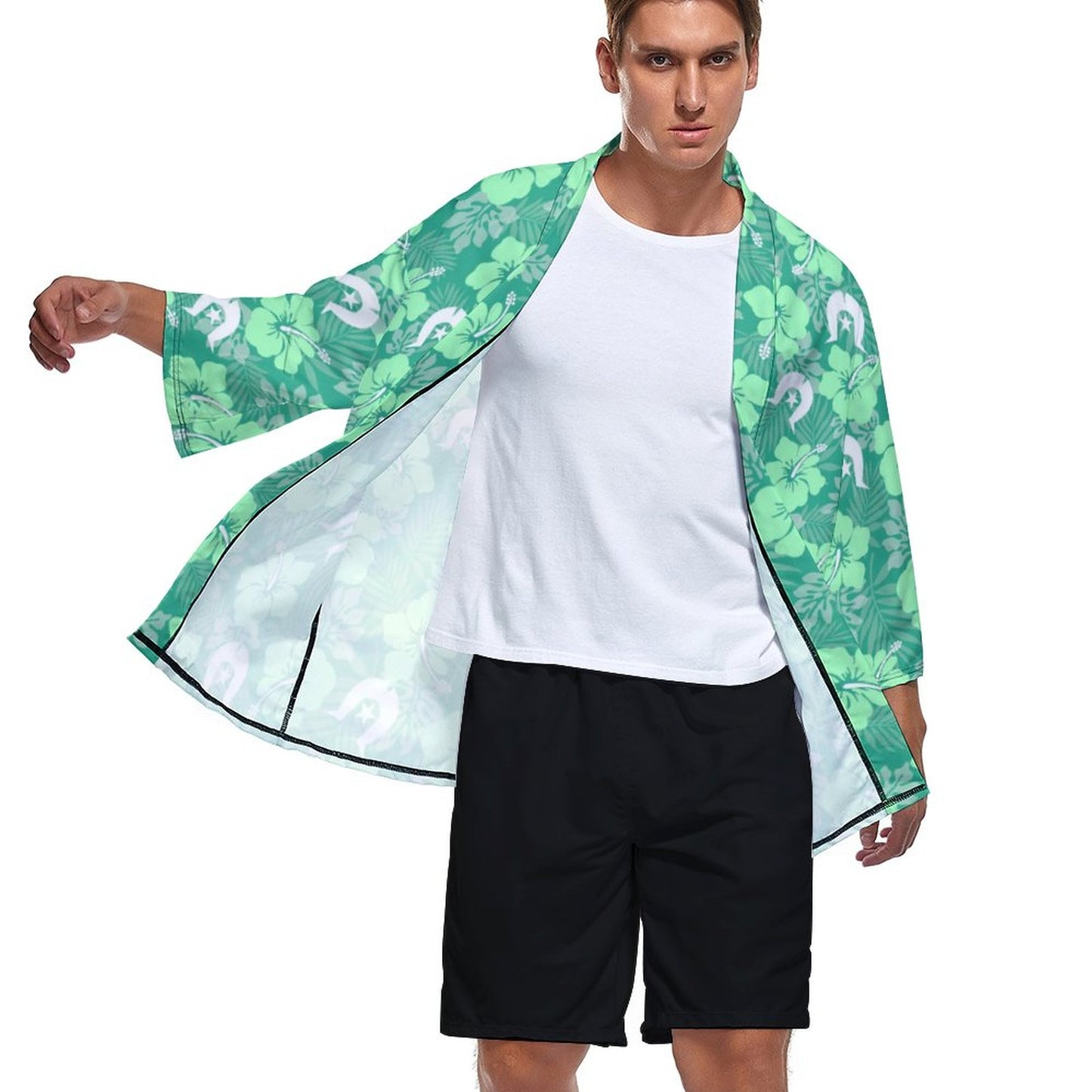 Hibiscus flowers with Dhari (Royal mint) on Drop Shoulder Male Kimono Cardigan