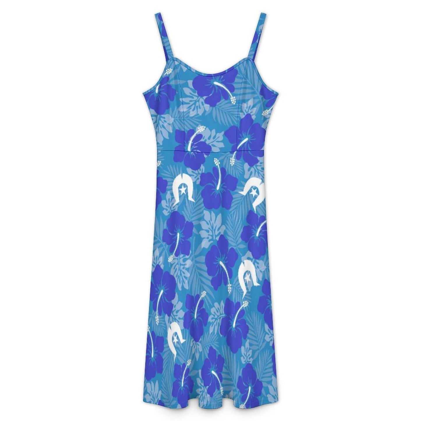 Hibiscus flowers with Dhari (Royal blue) on Midi Spaghetti Strap Dress