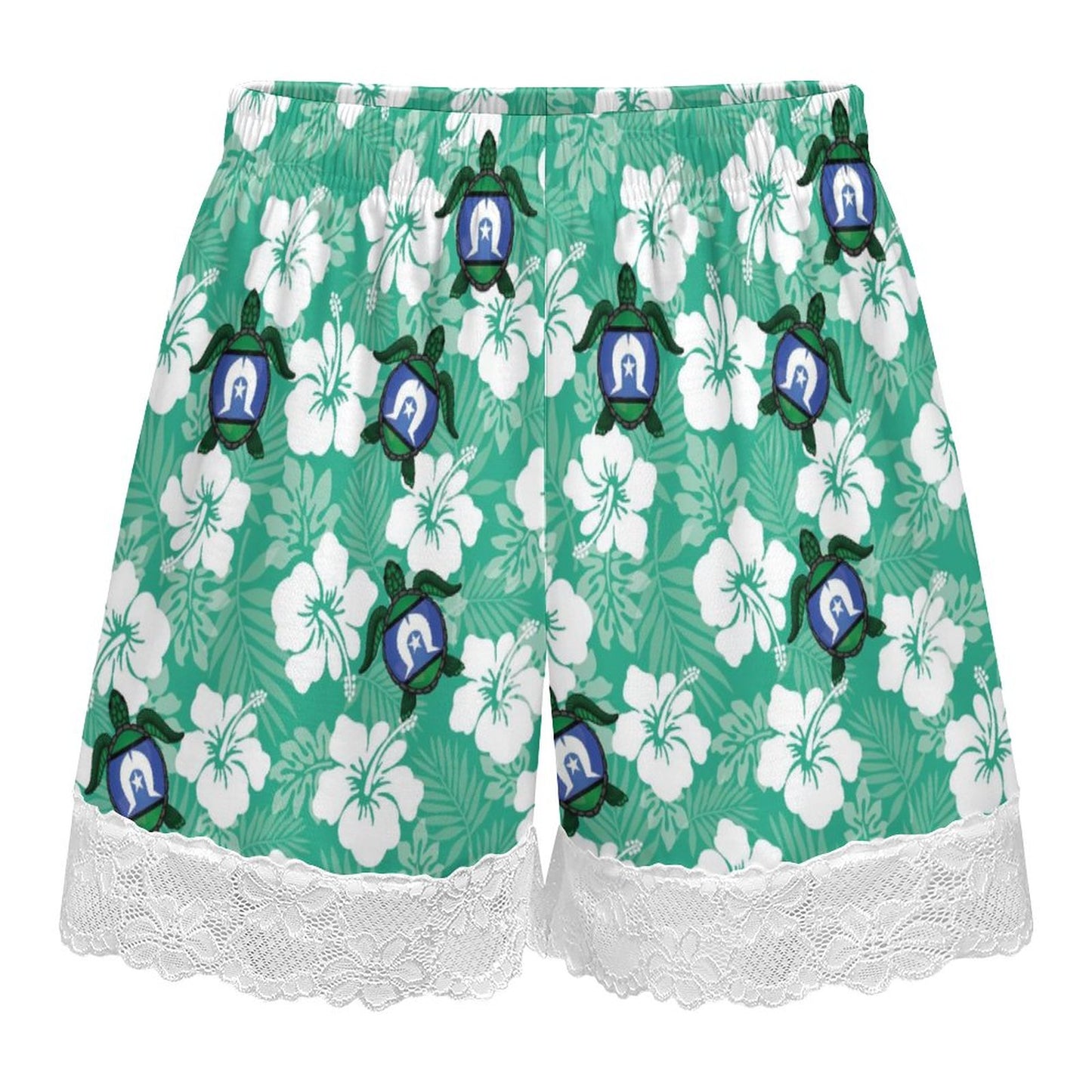 White hibiscus and Turtle with Torres Strait flag on 200gsm Women's Lace Trim Pajama Shorts