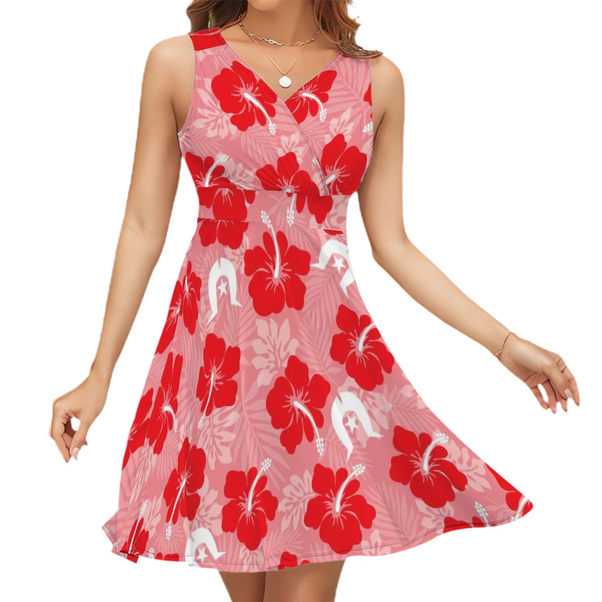 Hibiscus flowers with Dhari (Royal Pink) on Sleeveless V Neck Dress