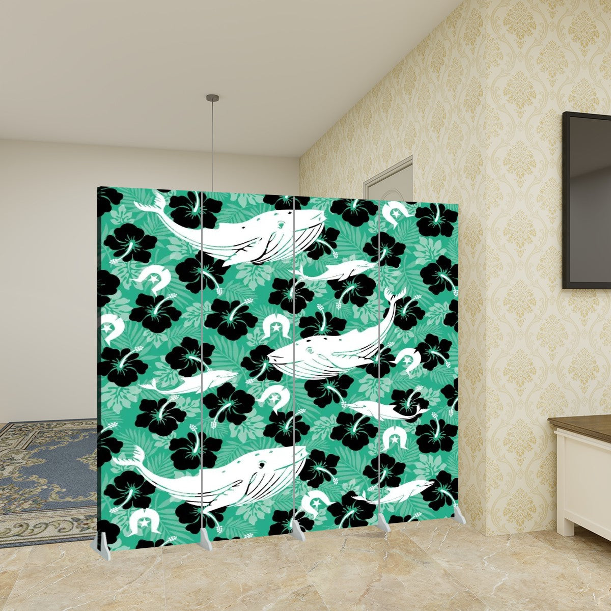 Black Hibiscus with Whale, Dolphin and Dhari on Room Divider Folding Screen 4 Panel