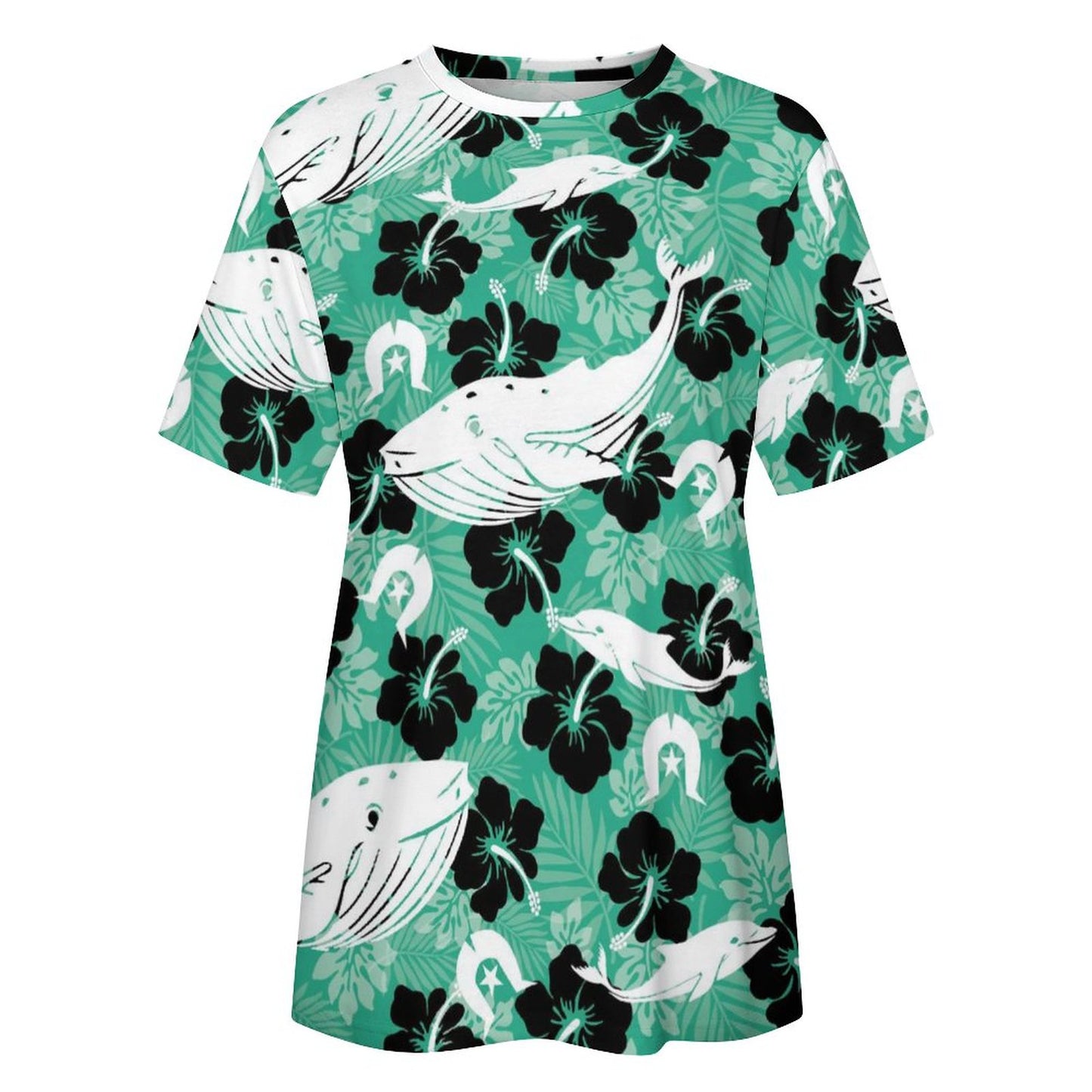 Black Hibiscus with Whale, Dolphin and Dhari on Cotton Summer Short Sleeve T-Shirts for Women