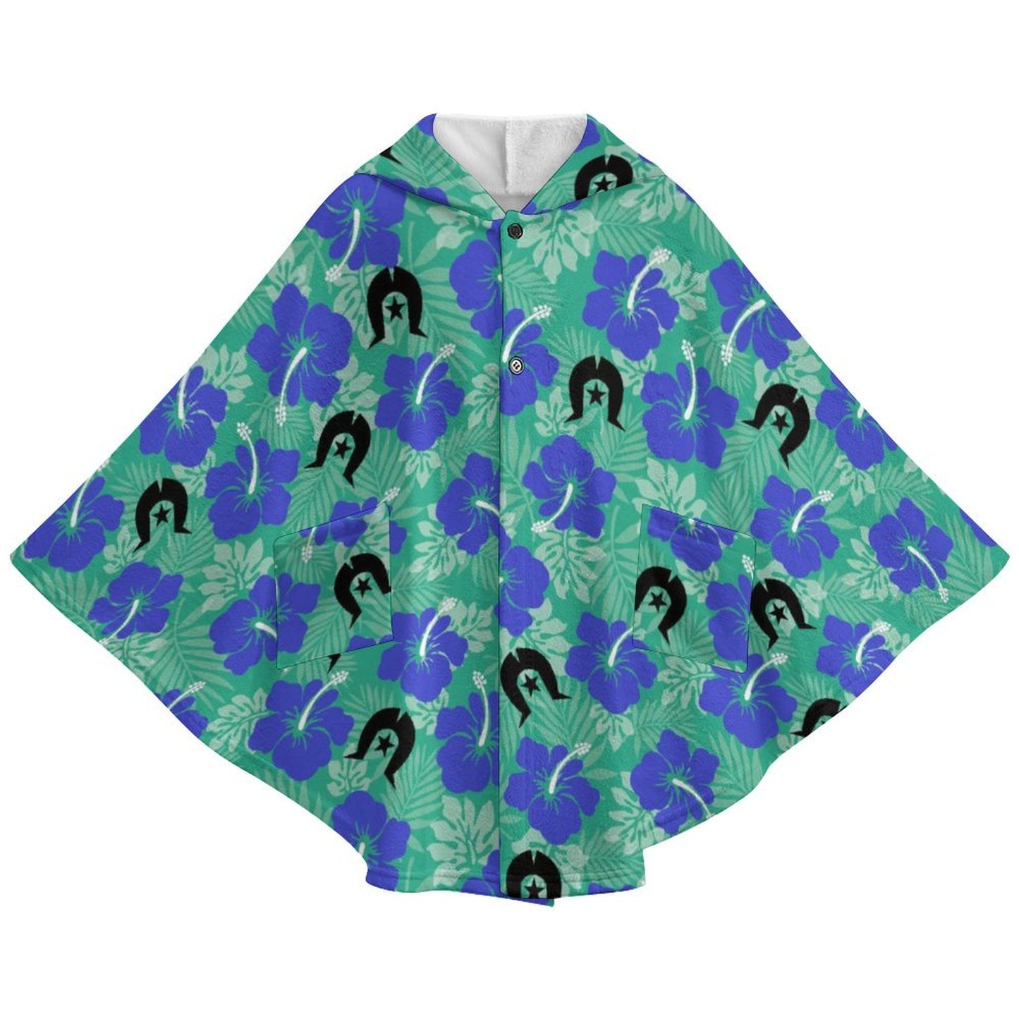 Royal Blue Hibiscus flowers with Black Dhari on Fleece Hooded Cape for Adults