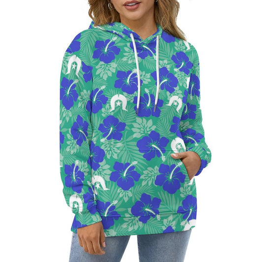 Royal Blue Hibiscus flowers with Dhari on Lady Hoodie with Double-layer Cap