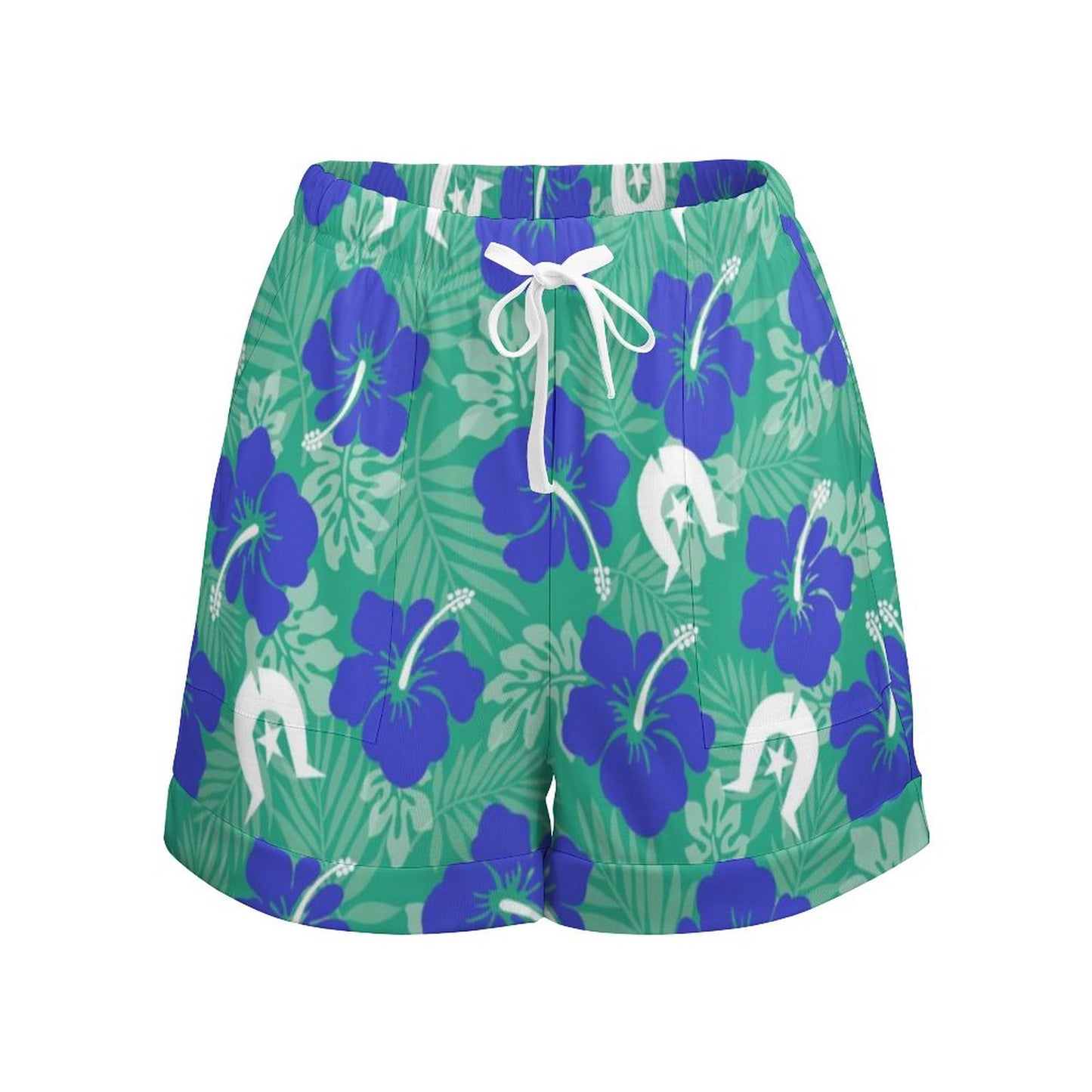 Royal Blue Hibiscus flowers with Dhari on Loose High Waisted Shorts
