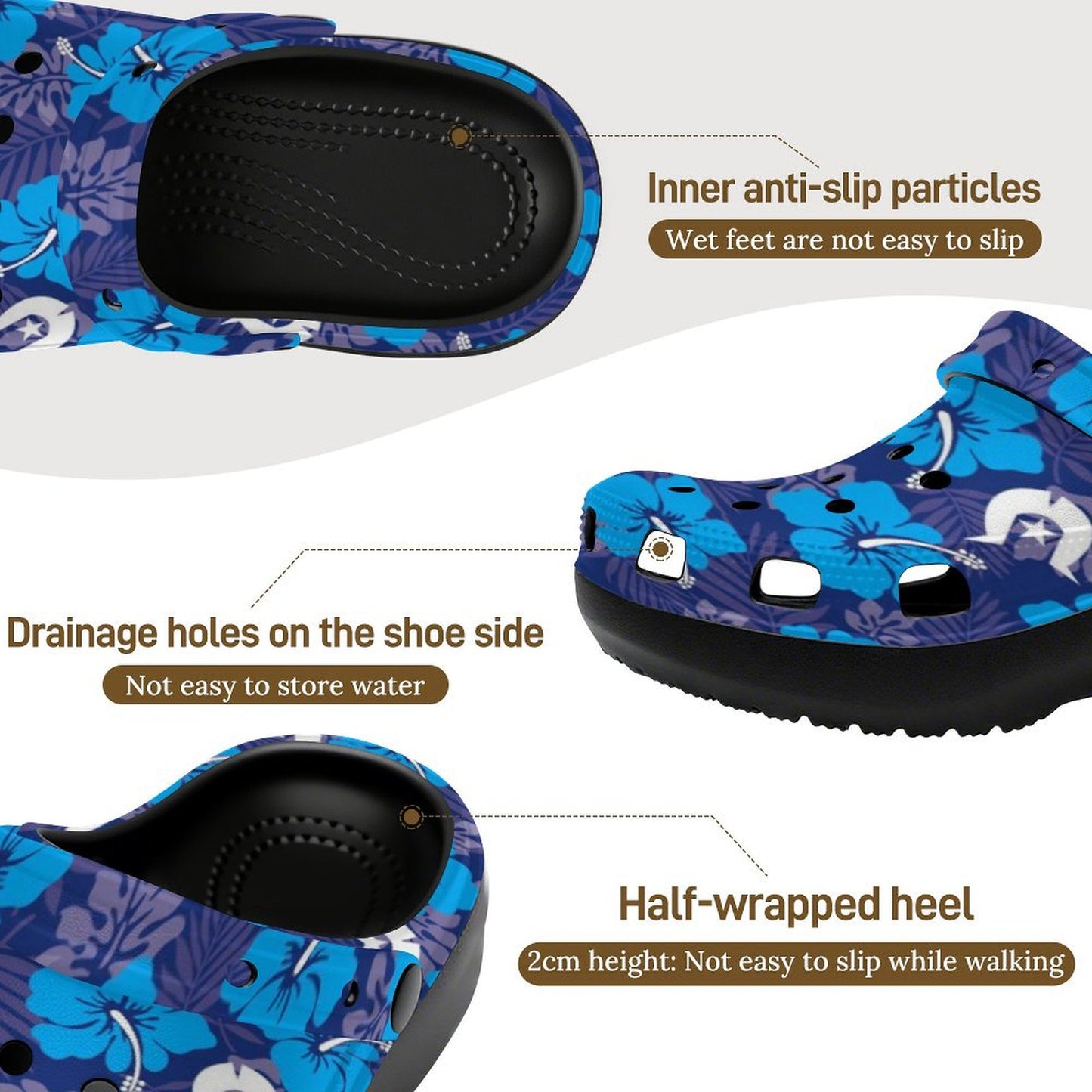 Hibiscus flowers with White Dhari (Royal blue) on Women's High-heeled Clogs