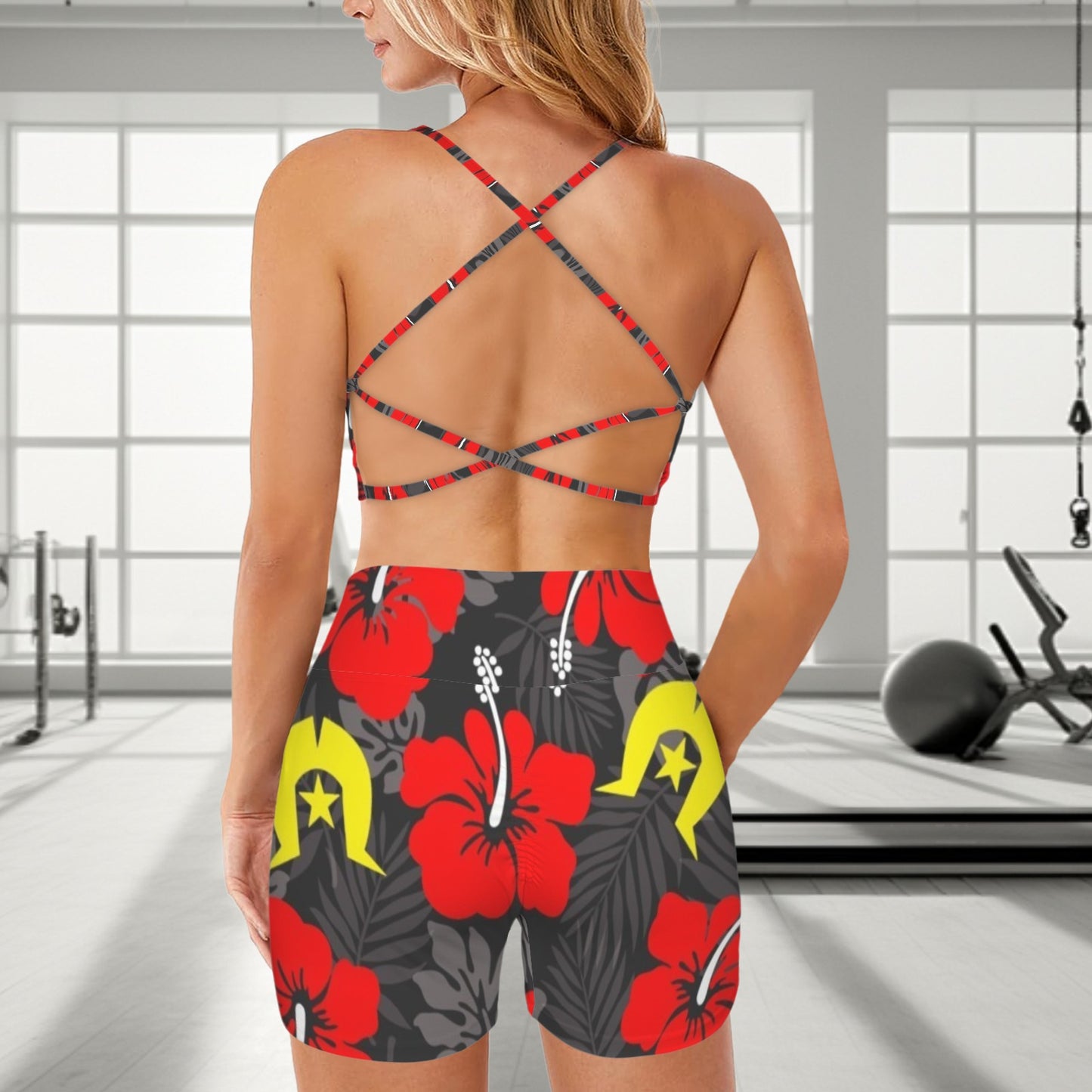 Royal Red Hibiscus with Yellow Dhari on Cross Back String Sports Bra & High Waist Shorts Active Sets